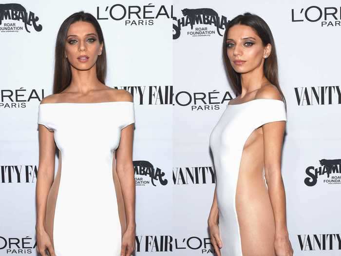 "Westworld" star Angela Sarafyan wore a white sheer-sided gown in 2016.