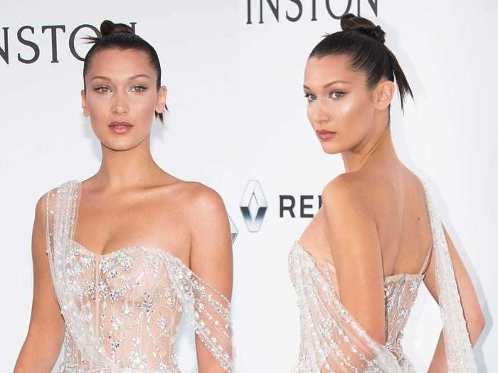 Bella Hadid turned heads at the 2017 amfAR charity gala during the Cannes International Film Festival in this sheer crystal gown.