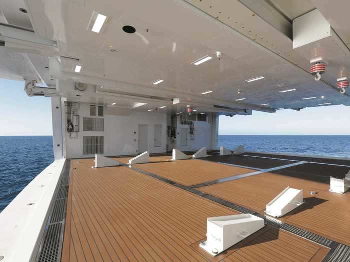 That same deck is also set up to fit two cars, including a Rolls Royce Phantom, along with a 24-foot sailboat and two motor bikes.