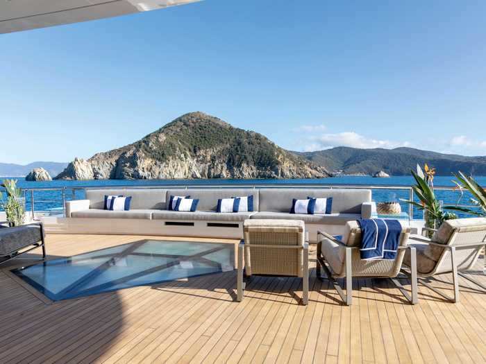 The yacht has multiple spacious decks.