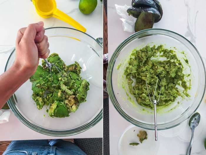 The first step was slicing, peeling, and mashing the avocados.