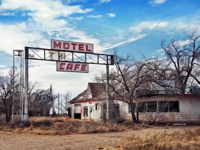 The ghost town of Glenrio is situated along Route 66 on the border of Texas and New Mexico.