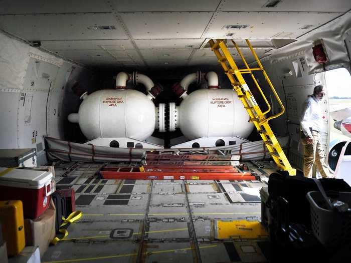 The passenger compartment of the Jumbo Jet has been stripped of all seats and massive tanks have been installed in its place.