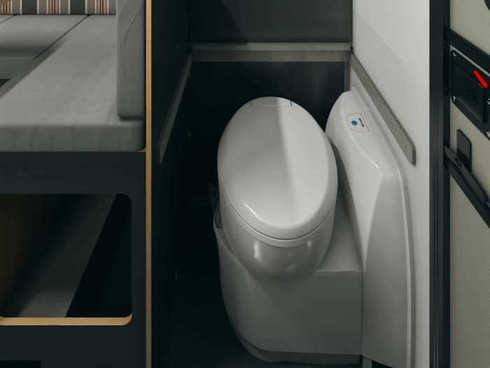 For bathroom breaks on the road, a cassette toilet is also optional and can swivel out when it