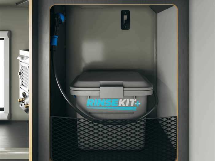 A portable pressurized and heated shower also comes optional and can be used both inside and outside the camper unit.