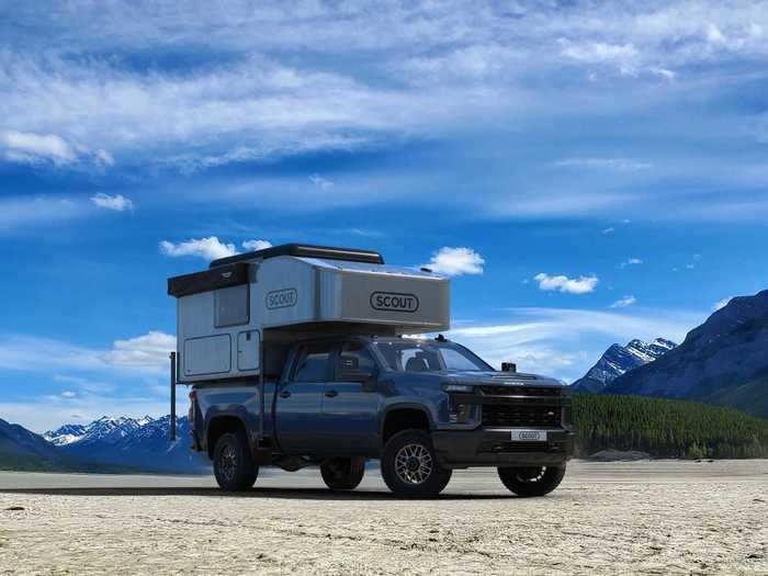 The camper has an aluminum exoskeleton, fiberglass exterior and roof, and wood-less composite panels.