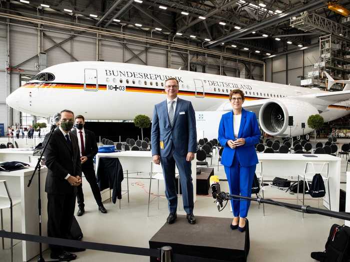 German Defense Minister Annegret Kramp-Karrenbauer received the first Airbus A350-900 XWB in Hamburg on Thursday during a handover ceremony with Lufthansa Technik.