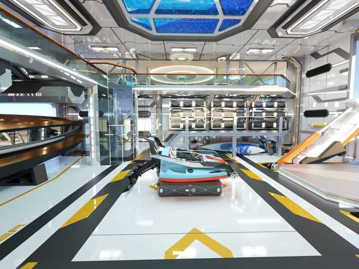 According to Gresham Yacht Design, the tender hangar is a one-of-a-kind storage space that can fit water toys like a submarine, jet skis, and the ship