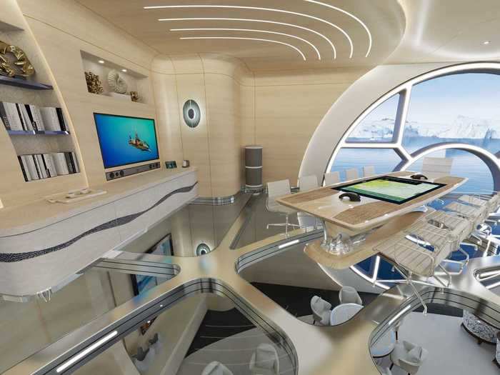 The upper main saloon holds the futuristic-looking control center and seating areas.