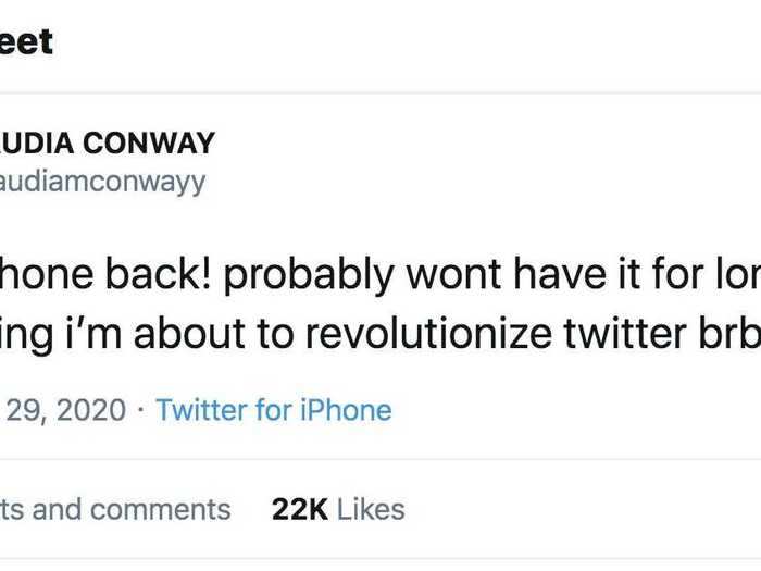 At the end of July, Conway returned to Twitter, where she promptly resumed her political posts.