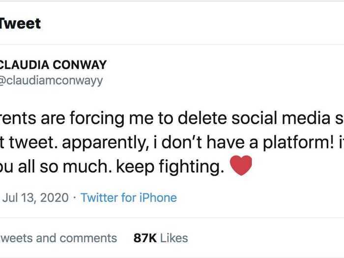 In July, Conway said she would stop discussing her family publicly and said she was being "forced" to delete her social media profiles.