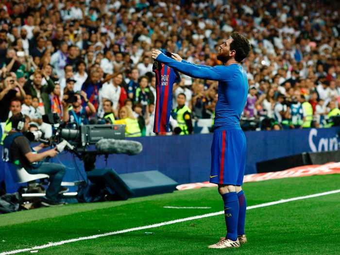 2017: Messi enjoyed one of the most memorable moments of his career when he scored a stoppage-time game-winner in El Clásico — his 500th-career game-winner for Barca — and celebrated by taking off his jersey and holding it up for Real Madrid fans