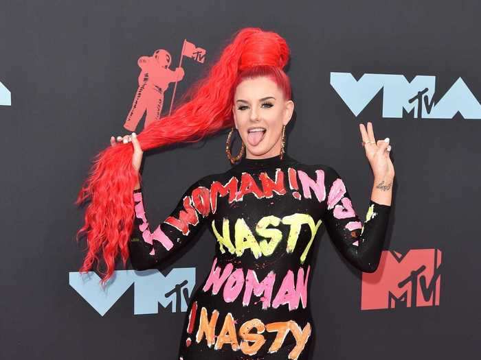 Rapper Justina Valentine made a statement with a colorful pantsuit.