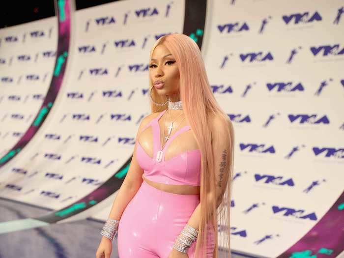 Nicki Minaj rocked a pink latex top with matching pants in 2017.