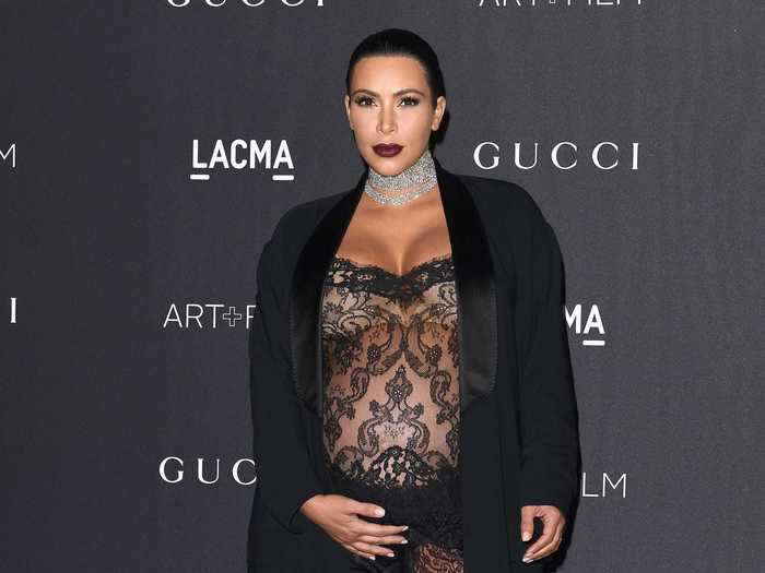 At the 2015 LACMA Art + Film Gala, Kardashian West looked stunning in a full-length lace bodysuit and sheer robe from Givenchy designer Riccardo Tisci.