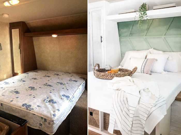 The patterned wall behind the bed is one of the RV