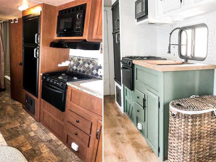 Green cabinetry and white walls brightened the kitchen.