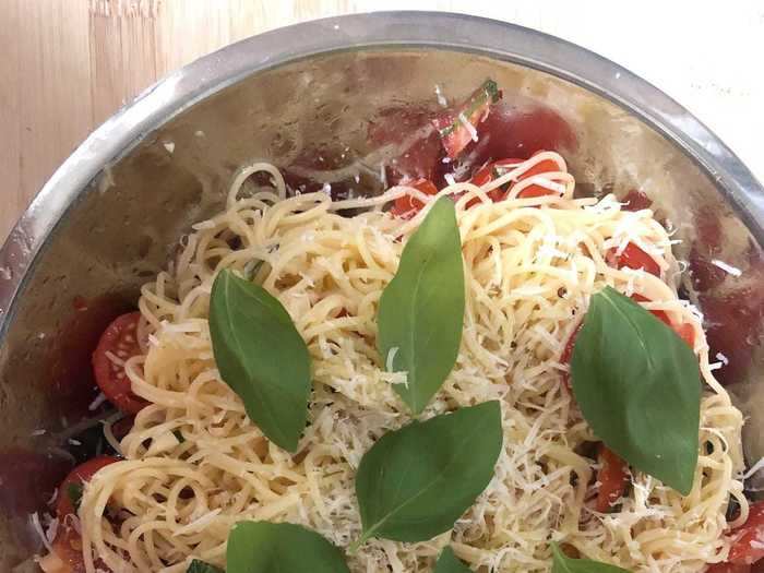 I drained my pasta and threw the noodles into a bowl with the tomato mixture.