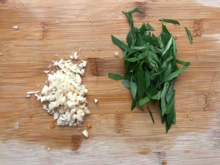 Then I chopped up the garlic and basil.