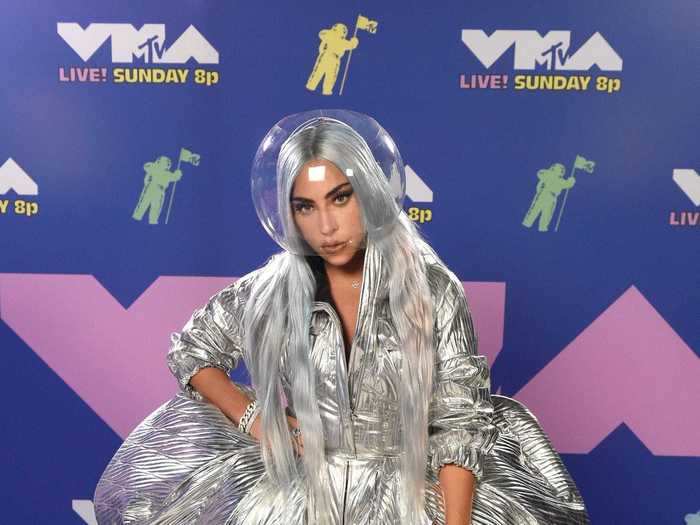 Lady Gaga opted for a spaceship-inspired look in a jacket from NYC designer AREA and Pleaser boots.