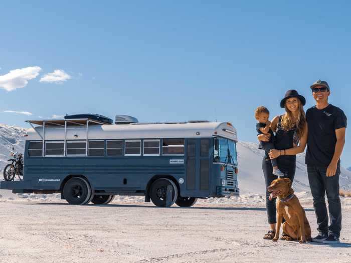 Will, Kristin, their daughter Roam, and their dog live in a 180-square-foot bus full time.