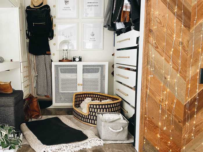 The home also features a walk-in closet that functions as an office and a sleeping area for the dogs.