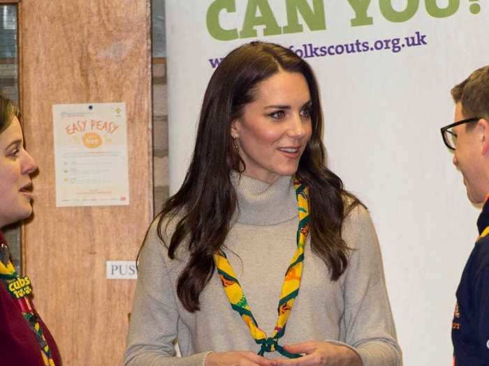 The Duchess of Cambridge seems to love pants from Zara. She wore a pair of brown skinny jeans with a beige sweater to a Cub Scouts event in December 2016.