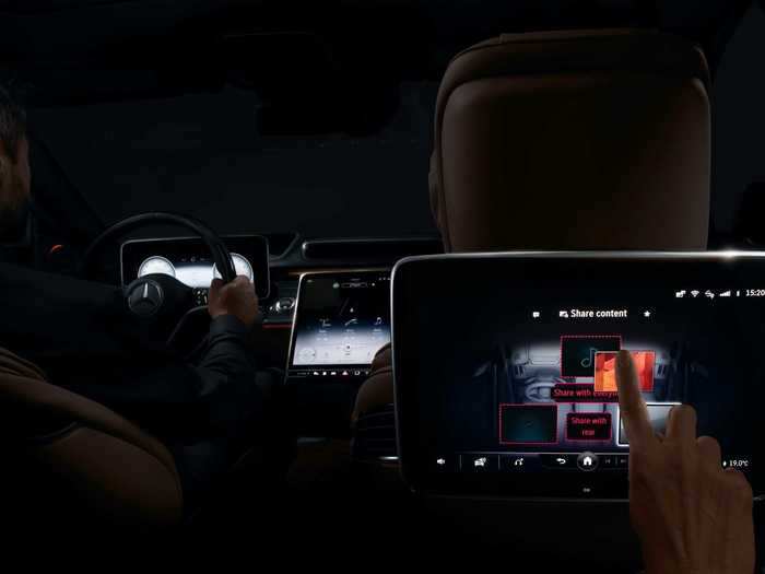 The new S-Class also offers optional 11.6-inch touchscreens for rear passengers.