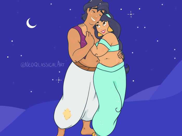 Walter has also reimagined some Disney princes, such as Aladdin, to show that male characters are also drawn with idealized body types.