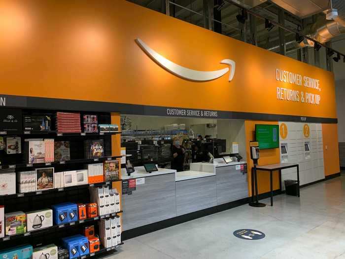 A customer-service counter offers package pickups and returns for items purchased through Amazon.com.