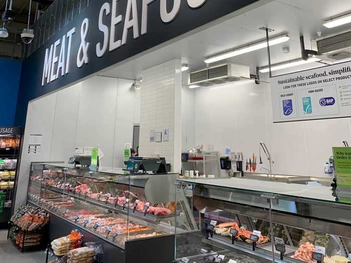 A meat-and-seafood department offers a selection of poultry, beef, and fresh seafood.