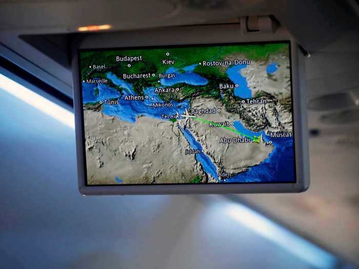 Overhead screens kept the passengers abreast of their historic route as they made the historic crossing over the Arabian Peninsula...