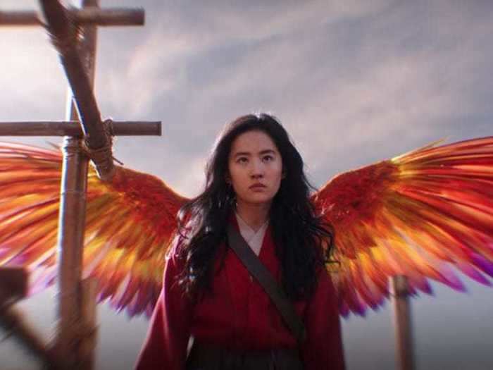 The phoenix flies up behind Mulan after the Emperor tells her to rise up and fight for the kingdom.