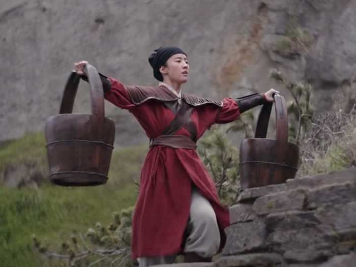 More of the "Reflection" theme can be heard as Mulan successfully carries the buckets of water up a series of stone steps.