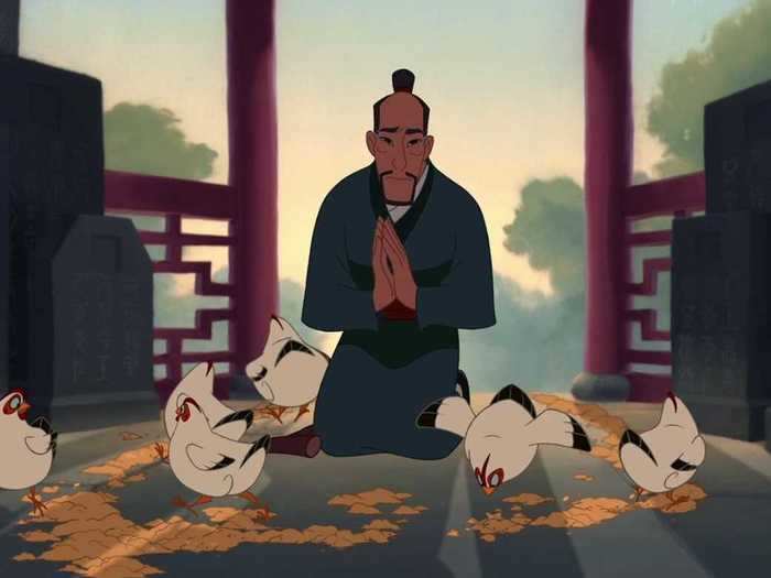 Mulan chases after a chicken at the film