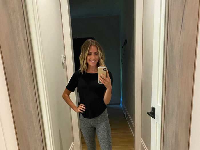 On Sunday, Cavallari went back to her usual weekend style in a T-shirt and leggings.