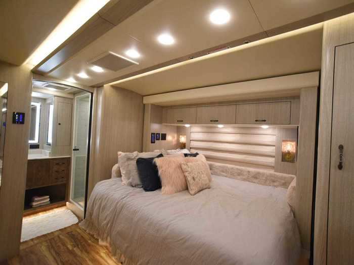 There is a large master bedroom at the back of each RV. One celebrity wanted the space turned into a classroom for their children.