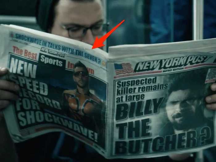 A train passenger reads a New York Post paper with wanted man Billy Butcher on the cover and supe Shockwave on the back.