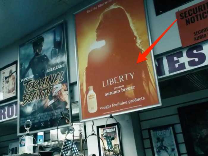 Next to the "Terminal Beauty 3" poster is an ad for a feminine product made by Vought, with a supe named Liberty included.