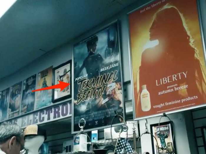 A wall of the pawnshop has a poster for "Terminal Beauty 3," the fictional movie that starred Popclaw and real-life actor Billy Zane.