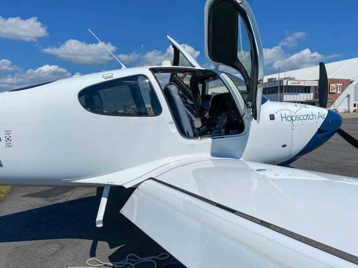 Doors of the aircraft open vertically for easy access but passengers do have to climb up on the wing to get in.