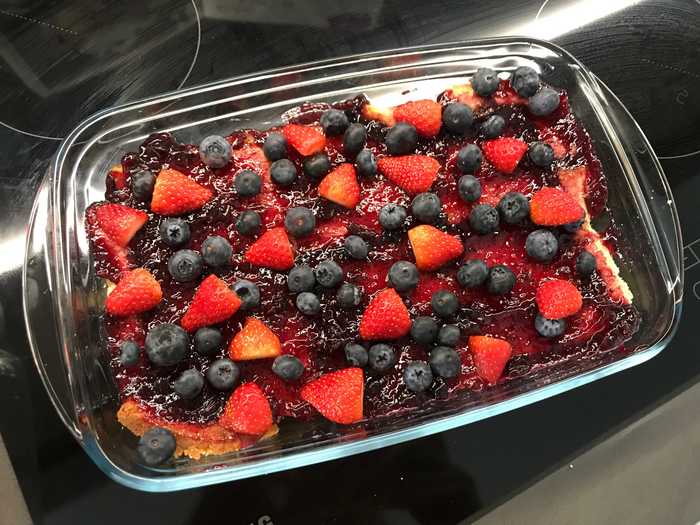 Then it was time for a layer of strawberries and blueberries — in hindsight, I should