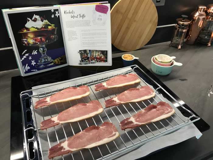 The recipe called for six slices of thick-cut applewood-smoked bacon, which I laid out on a baking rack after preheating the oven to 350°F.