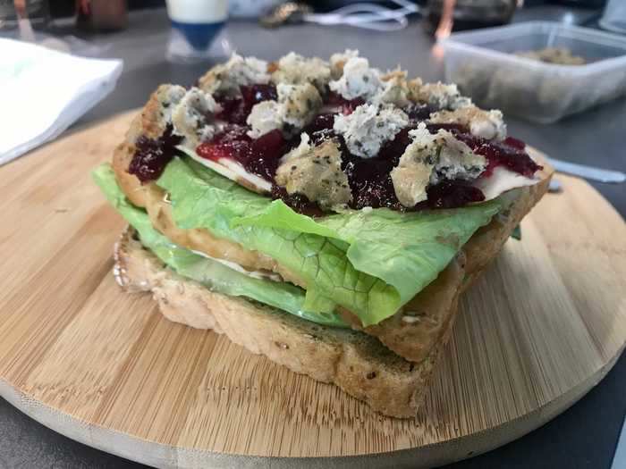 After more lettuce and turkey, I added a layer of cranberry sauce (the book has a recipe for Chandberry sauce, but I did not make my own) and more stuffing.