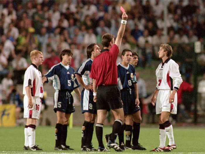 David Beckham went from one of the most popular soccer stars in the world to public enemy No. 1 when he was red-carded during the World Cup in 1998.