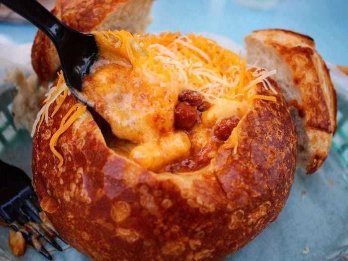 You can get this chili mac-and-cheese bread bowl at the Coca-Cola Refreshment Corner on Main Street in Disneyland.