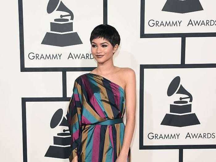 She rocked jewels tones and a dramatic haircut for the 2015 Grammy Awards.