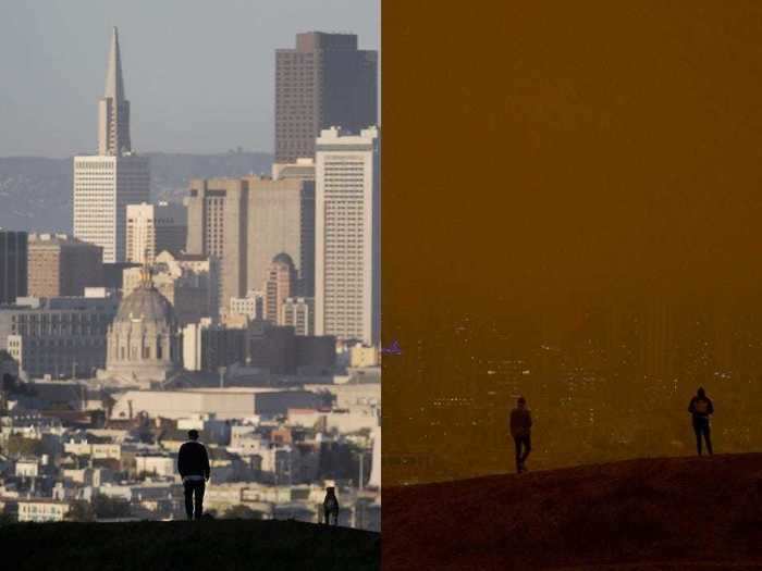 The Bay Area Air District said the fiery skies were caused by ash transported from the Northern California fires. The agency said the particles scatter blue light and only show yellow, orange, and red light, and that the skies could darken if the smoke grows worse.