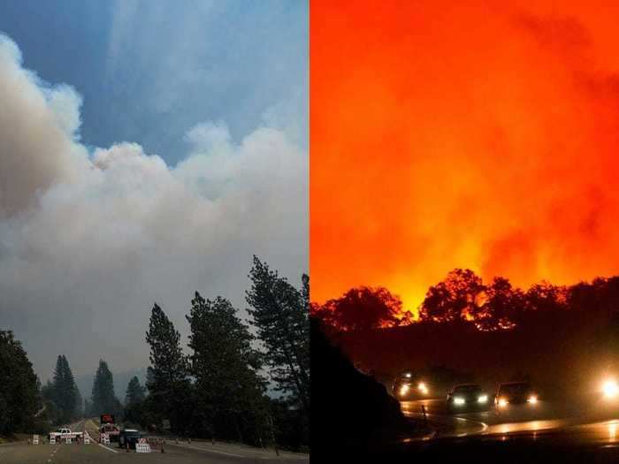 The Creek Fire in Sierra National Forest in Fresno County has already burned up more than 163,000 acres and remains 0% contained. These images show the Creek Fire blaze along different parts of the CA-168 on September 7 and September 8.