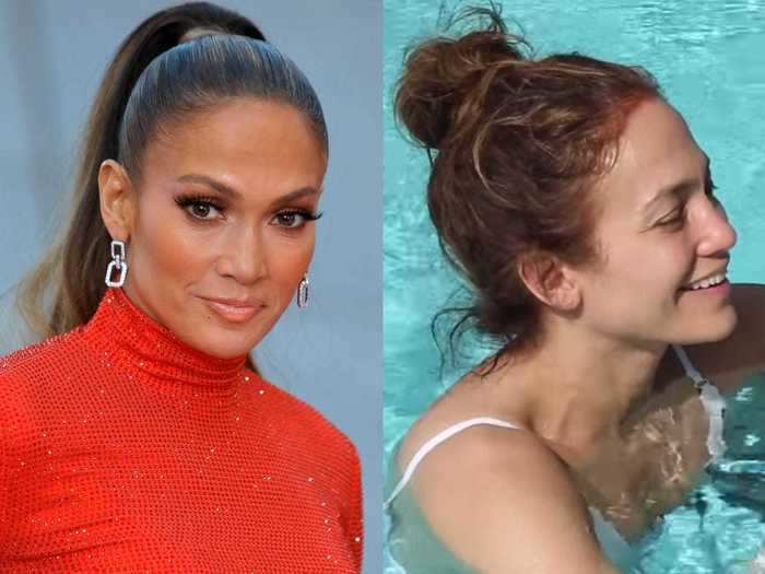 Jennifer Lopez also looked radiant while swimming without makeup that month.